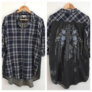 Kyla Seo Women's Plaid Button Down Tunic Shirt w/Velvet Embroidered Back
